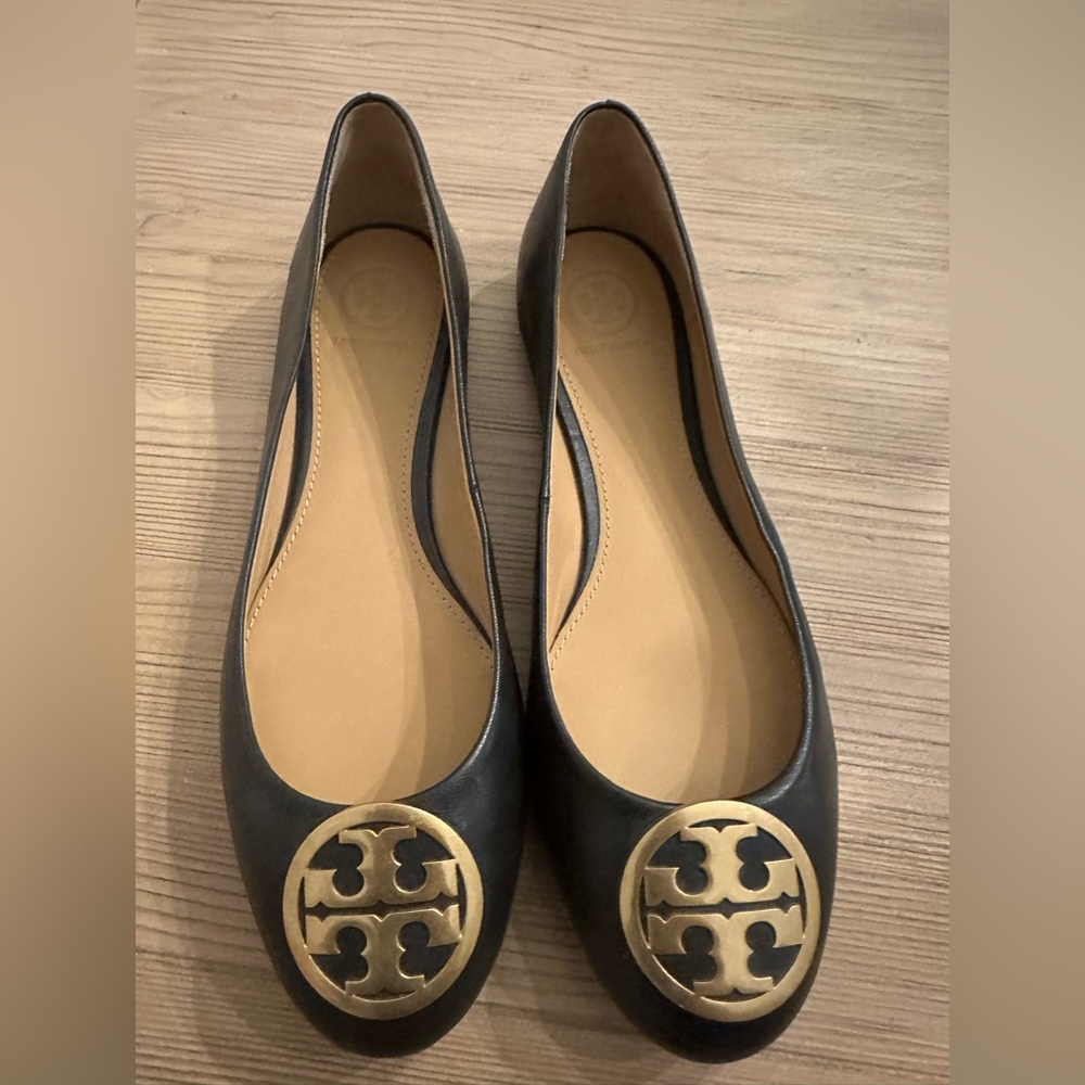 Tory Burch Black Flats with Gold Emblem